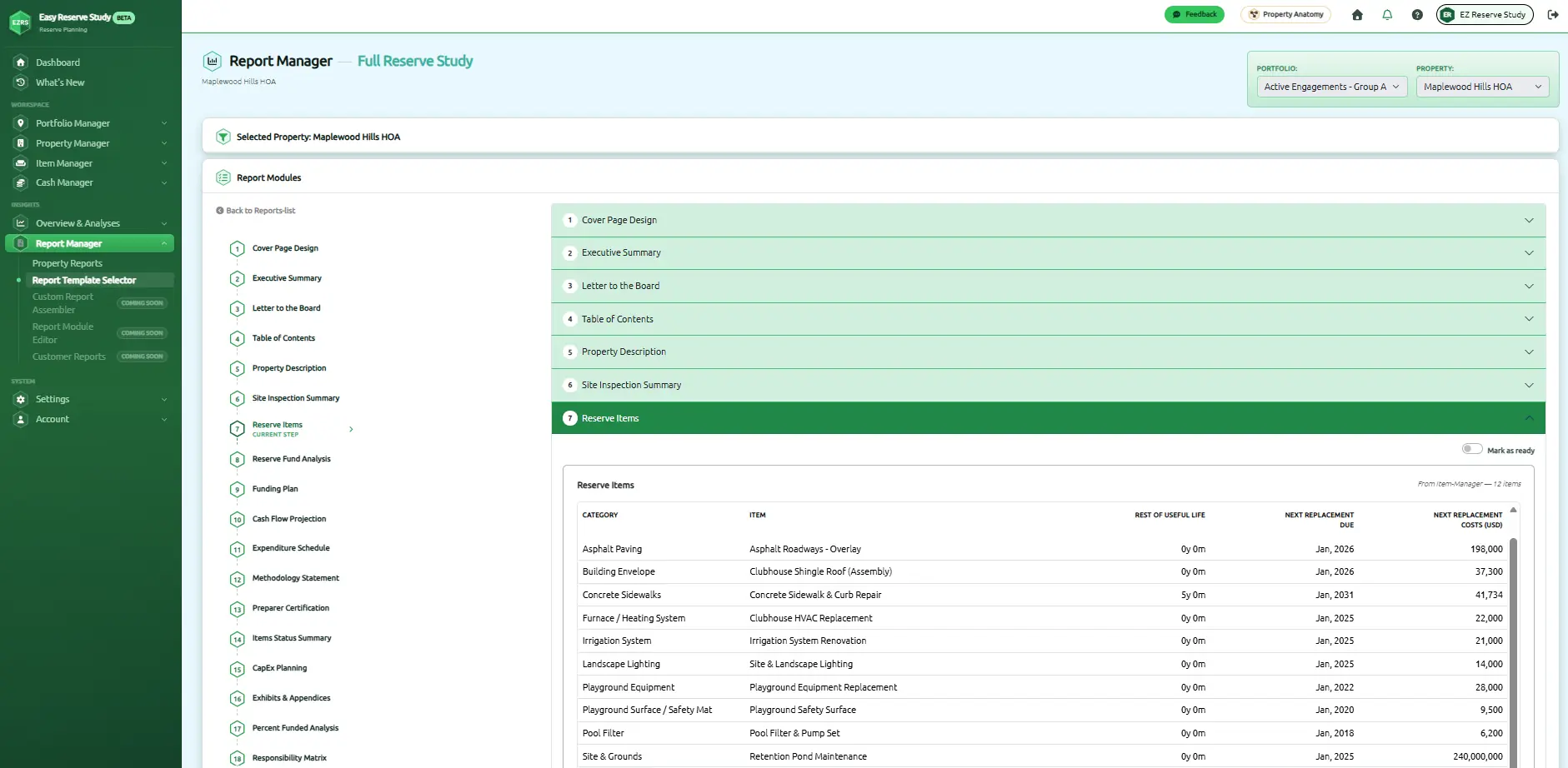 EZRS report generation page showing a custom reserve study report being produced from property data, with firm definitions and photos in place.