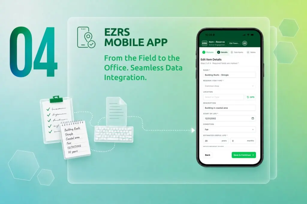 Banner showing EZRS Mobile App on a smartphone with a form and gradient teal-to-green background.