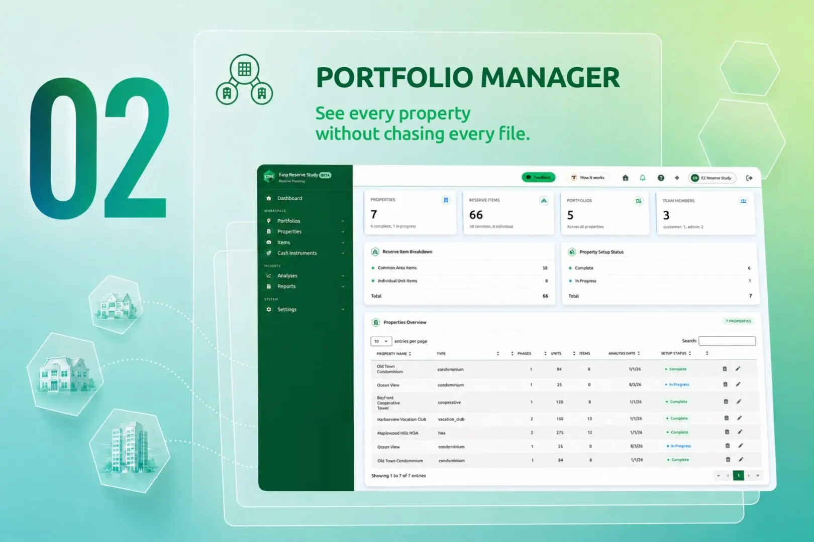 Marketing banner for Portfolio Manager with a property dashboard screenshot on a teal gradient background.