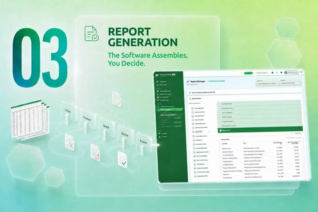 EZRS report generation page showing a custom reserve study report being produced from property data, with firm definitions and photos in place.
