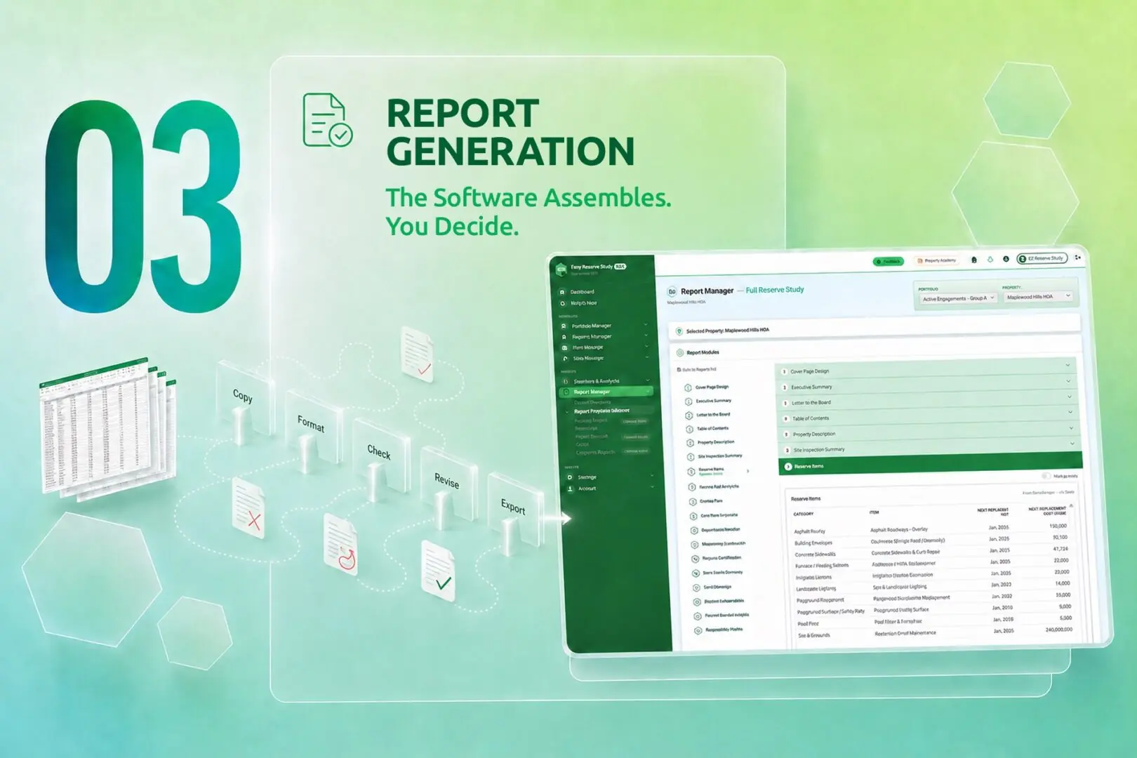 EZRS report generation page showing a custom reserve study report being produced from property data, with firm definitions and photos in place.