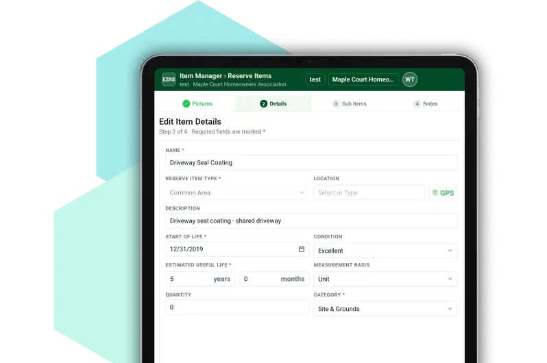Tablet screen showing an 'Edit Item Details' form in an asset management app with fields for name, reserve type, location, description, start of life, condition, and quantity on a green header UI.