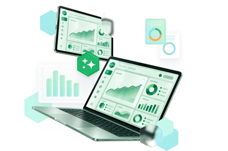 Isometric illustration of two laptops displaying green data dashboards and charts with hexagonal accents, representing analytics dashboards.