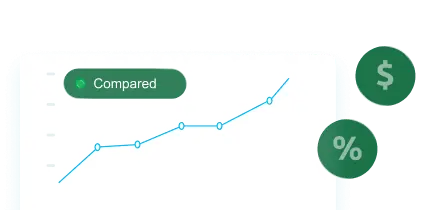 Line chart with a rising trend and a green 'Compared' toggle; dollar and percent icons float beside it.