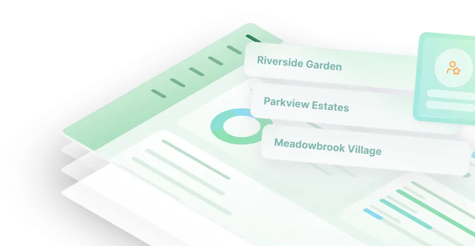 Isometric dashboard showing a map view with three labeled neighborhoods: Riverside Garden, Parkview Estates, and Meadowbrook Village, plus a circular chart and data panels.