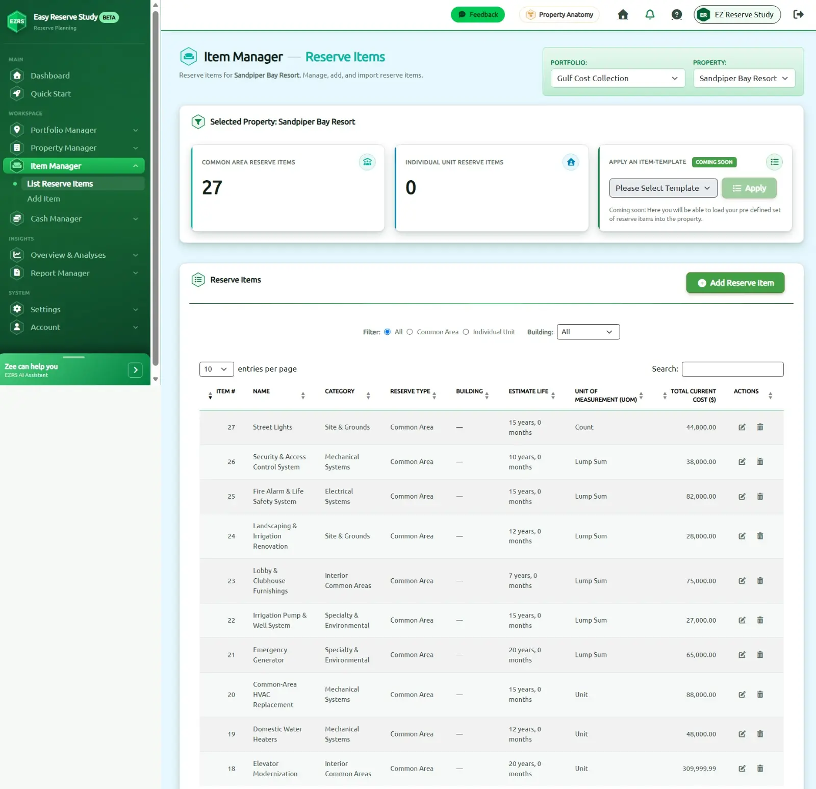 Item Manager dashboard showing 27 common area reserve items and 0 individual unit reserve items with a table of reserves below.