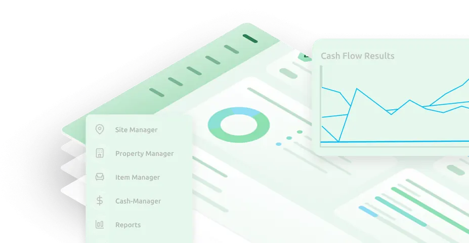 Illustration of a mint-green dashboard UI with a translucent left menu listing Site Manager, Property Manager, Item Manager, Cash Manager, and Reports, plus a floating window showing a line chart labeled 'Cash Flow Results'.