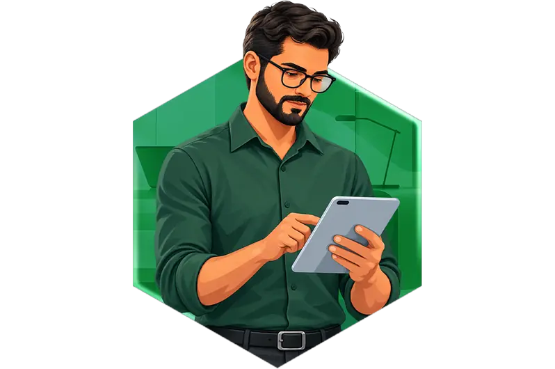 Man with glasses using a tablet, focused on the device in a green geometric backdrop.