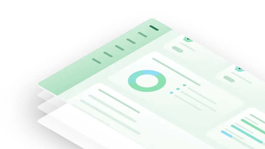 Isometric stack of pastel dashboard screens showing charts and data panels.