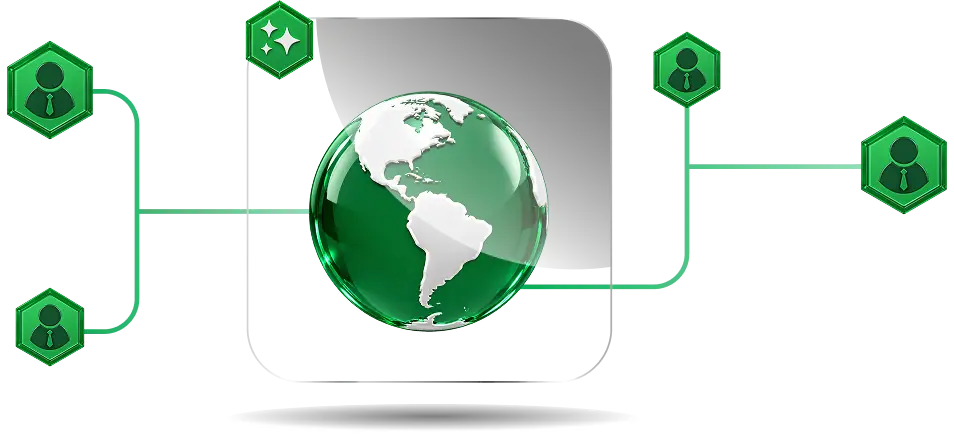 Global network illustration: glossy green globe inside a rounded square, connected by green lines to hex icons with person symbols, representing worldwide connectivity.
