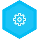 Settings button: blue hexagon with white gear icon (represents configuration)