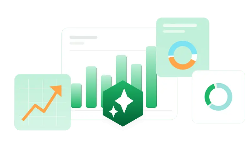 Analytics dashboard with a rising orange line and green bars, plus two donut charts and a green sparkling shield in the center
