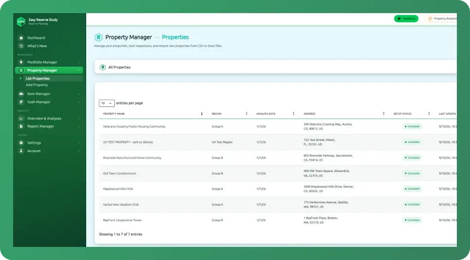 Property Manager dashboard showing a list of properties with regions, addresses, and setup status badges on each row.