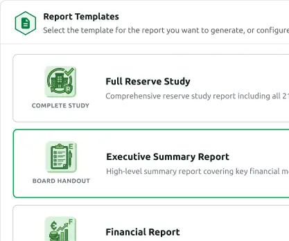 Template picker screen: Selected 'Executive Summary Report' with green outline; other options like 'Full Reserve Study' visible.