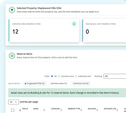 Admin UI showing Maplewood Hills HOA reserve items: 12 common area items, 0 individual unit items, with Reserve Items panel and filters visible.
