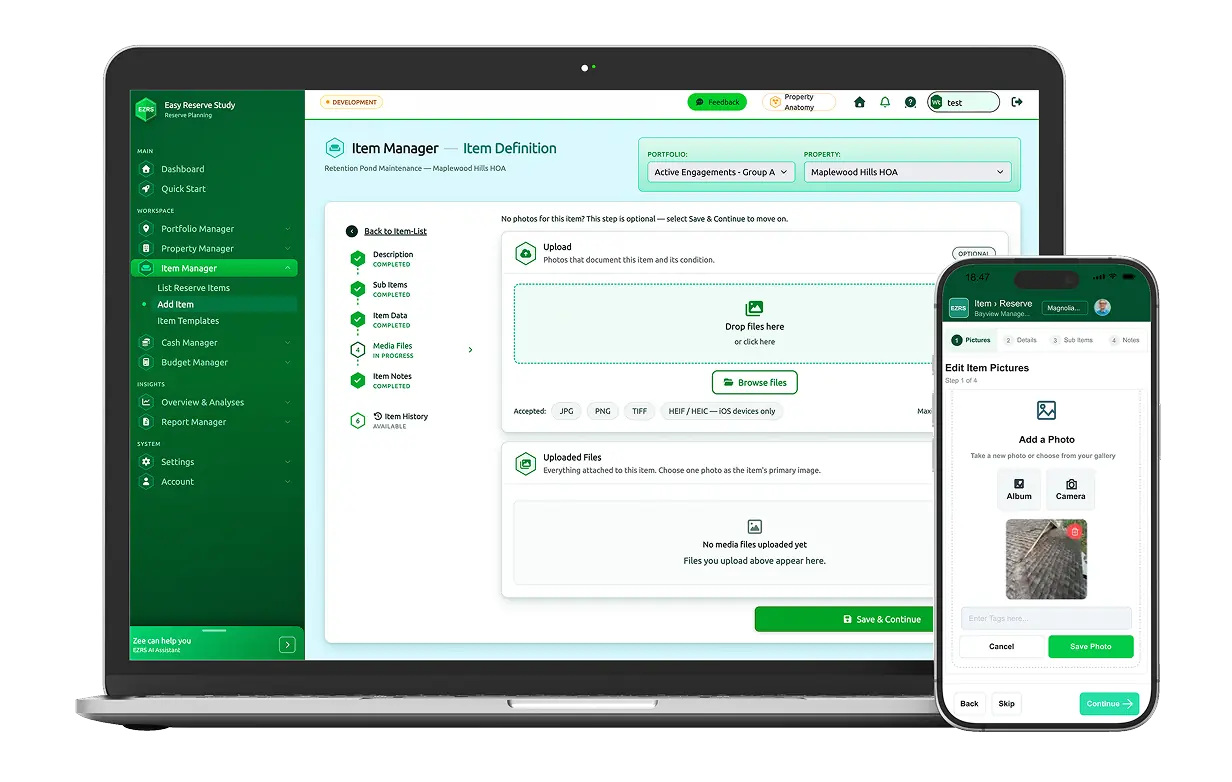 Laptop and smartphone show a software dashboard for item management; left green navigation, central upload panel, and Save & Continue button on screen.