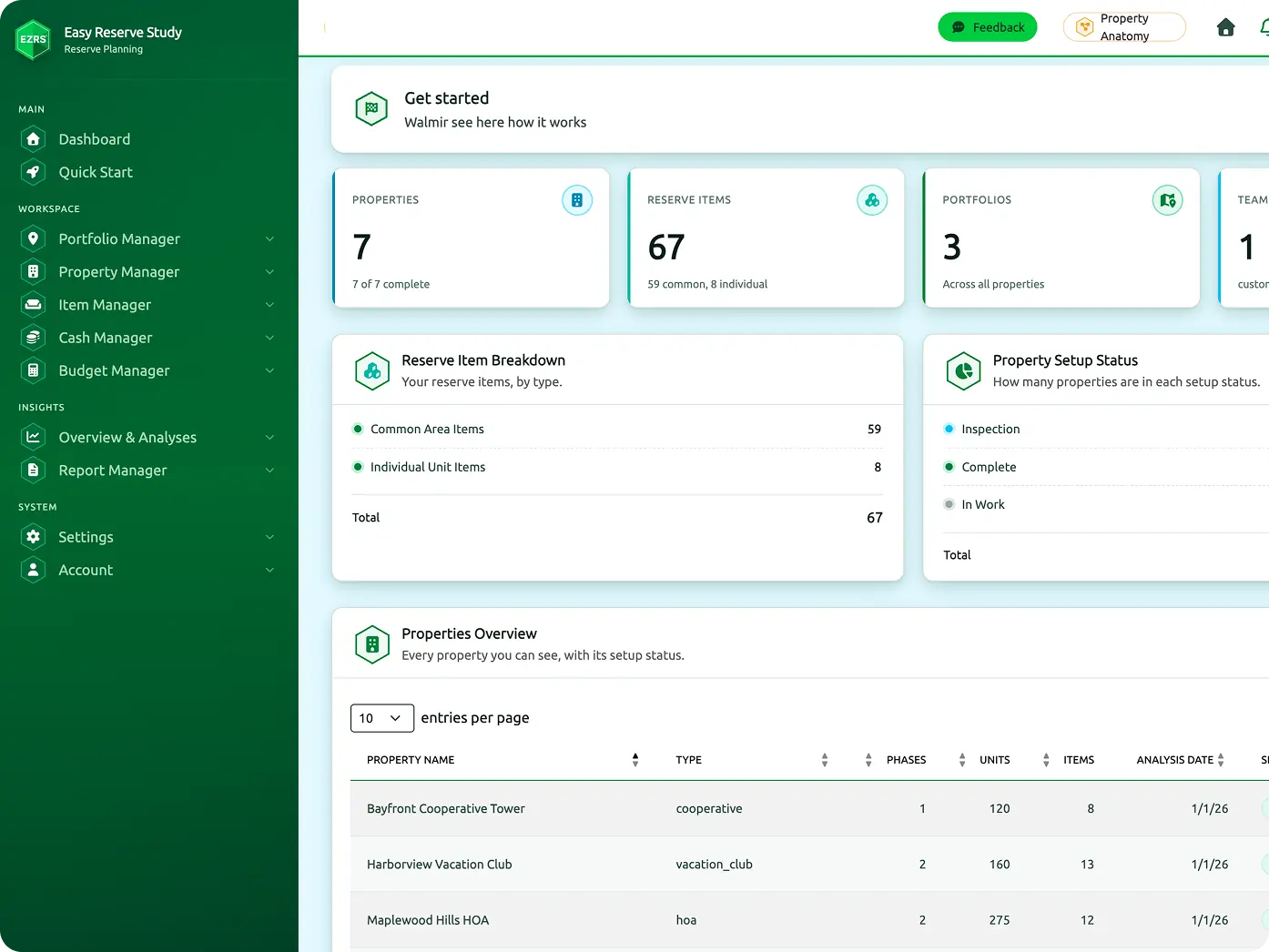 Admin dashboard with a green left navigation rail and main content cards showing overview metrics (Properties, Reserve Items, Portfolios) and a Properties Overview list.